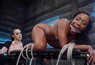 Clouded sub girl is in ropes during interracial lezdom session