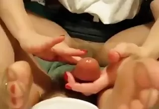 Daisy in sheer pantyhose gives a baby oil handjob
